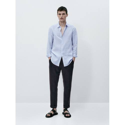 Рубашка slim fit из льняно-хлопчатобумажной смеси в полоску